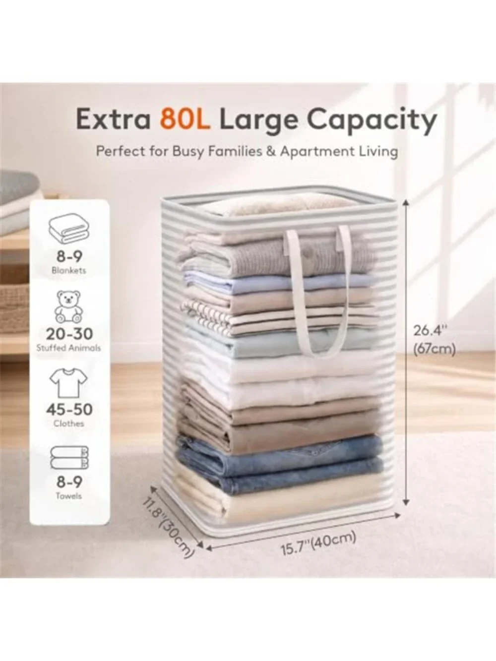 2 Pack Laundry Basket 80L Each, Collapsible Clothes Hamper